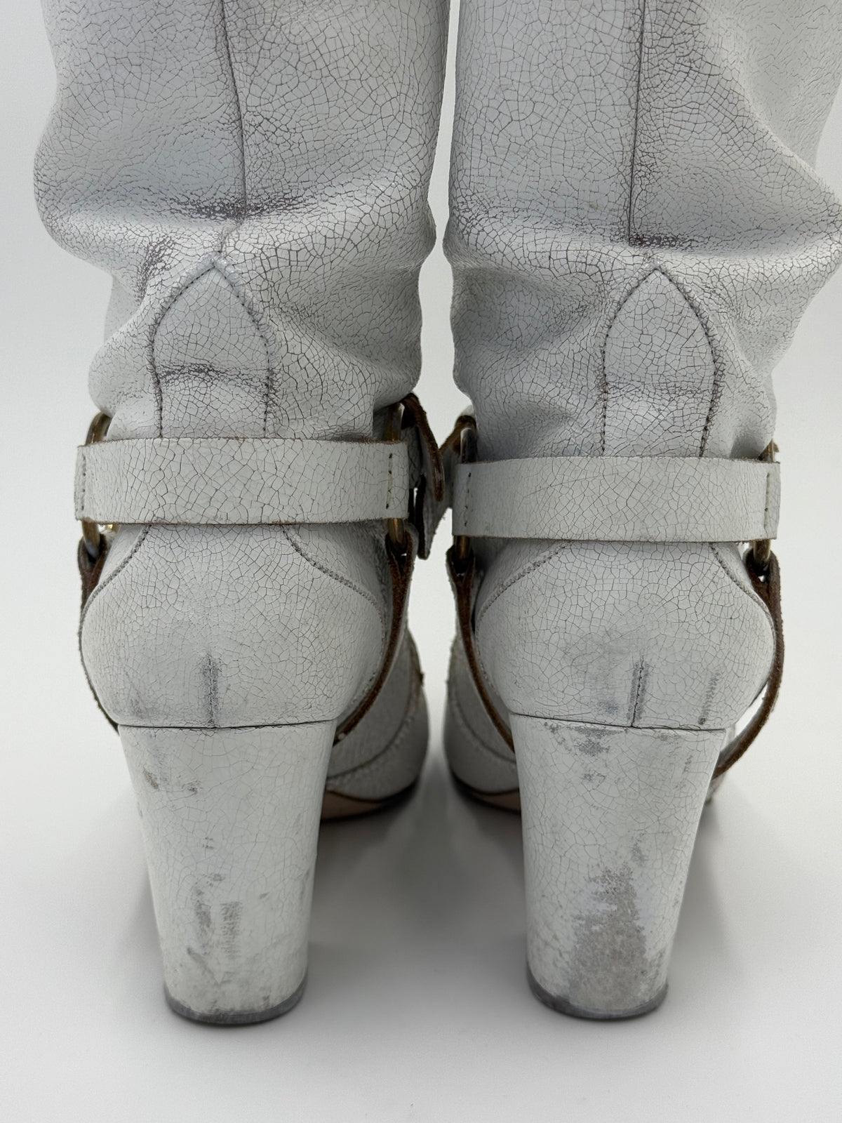 Miu Miu White Crackled Leather Knee-High Boots