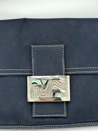 Fendi Vintage Navy Blue Denim Baguette Bag with Contrast Stitching