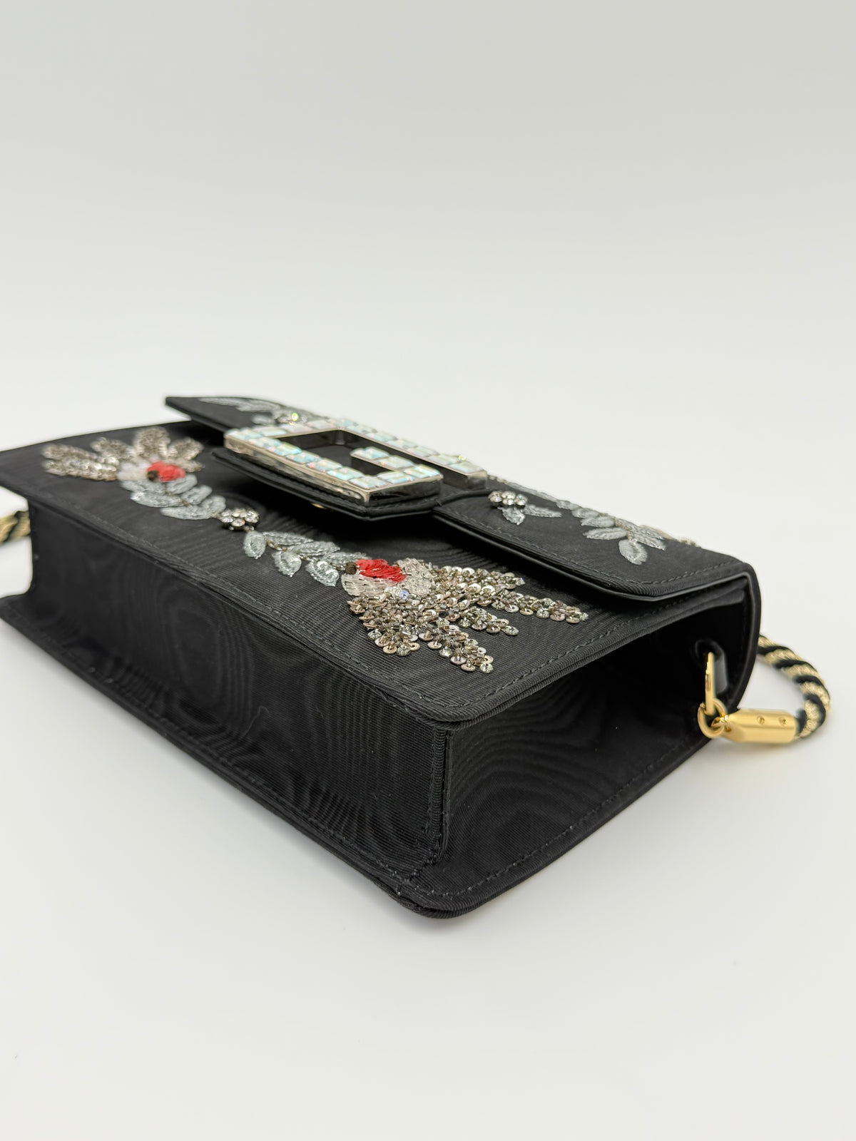 Gucci Borsa a Tracolla Broadway Crystal 'G' in Gros-Grain Ricamato Nero