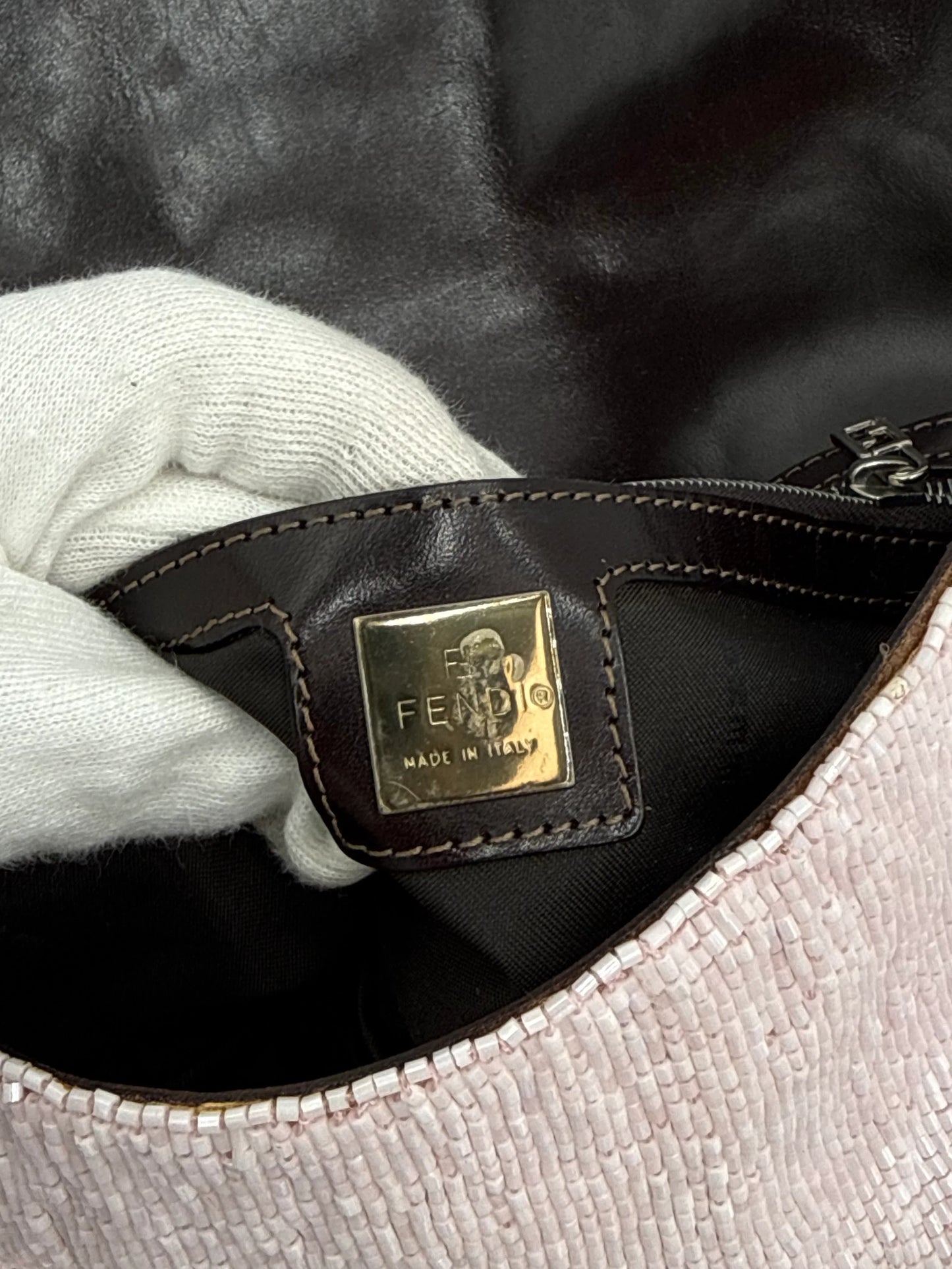 Fendi-Borsa-Baguette-Vintage-Beaded-Rosa-Cipria-e-Pelle-Dark-Brown-70377497100612 - Pally Vintage Closet