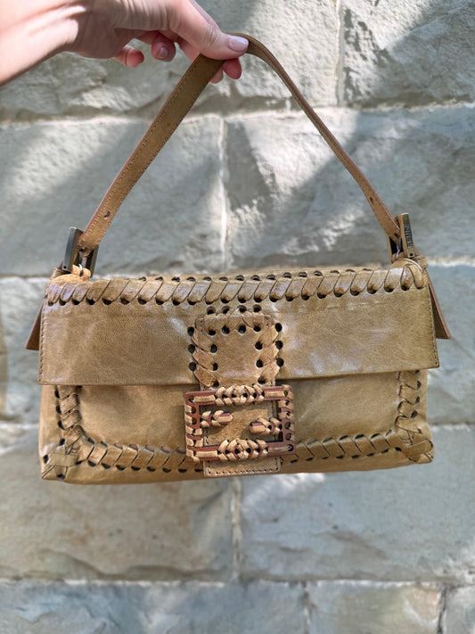 Fendi Borsa Baguette Vintage Whipstitch con Fibbia in Legno Beige - Pally Vintage Closet
