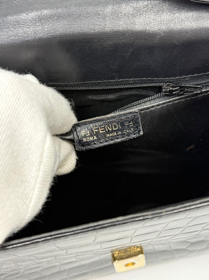 Fendi Borsa a Tracolla Vintage in Pelle Stampata Cocco Nero