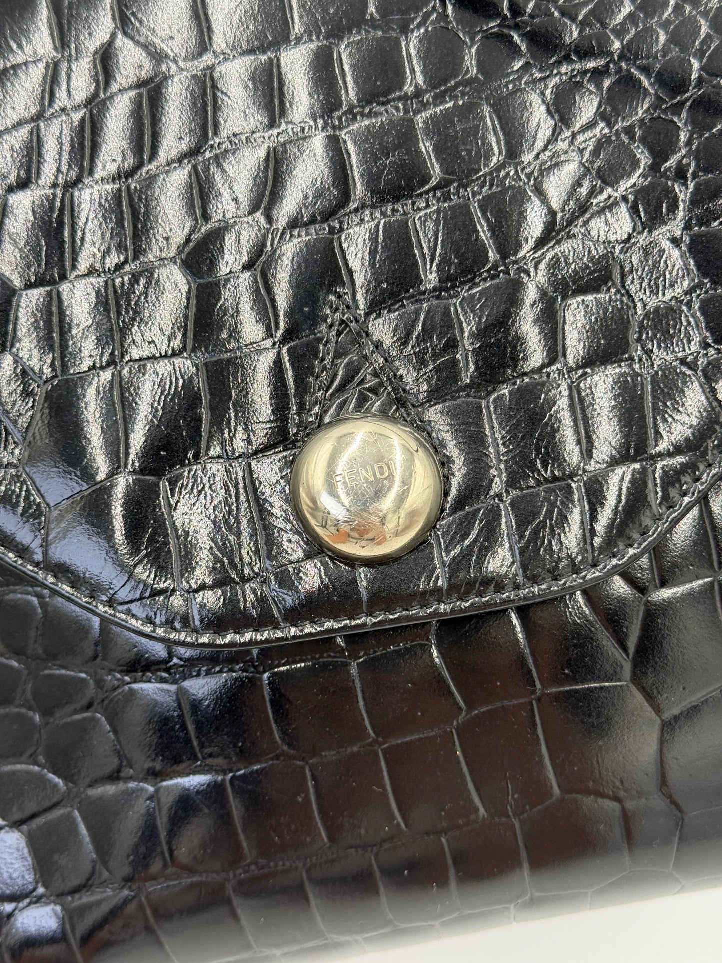 Fendi Borsa a Tracolla Vintage in Pelle Stampata Cocco Nero