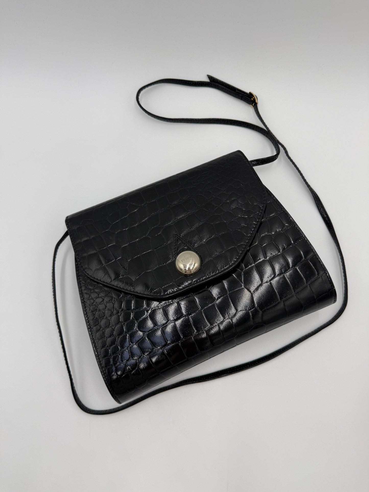 Fendi Borsa a Tracolla Vintage in Pelle Stampata Cocco Nero
