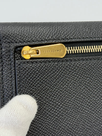 Ferragamo Gancini Long Wallet in Black Textured Leather