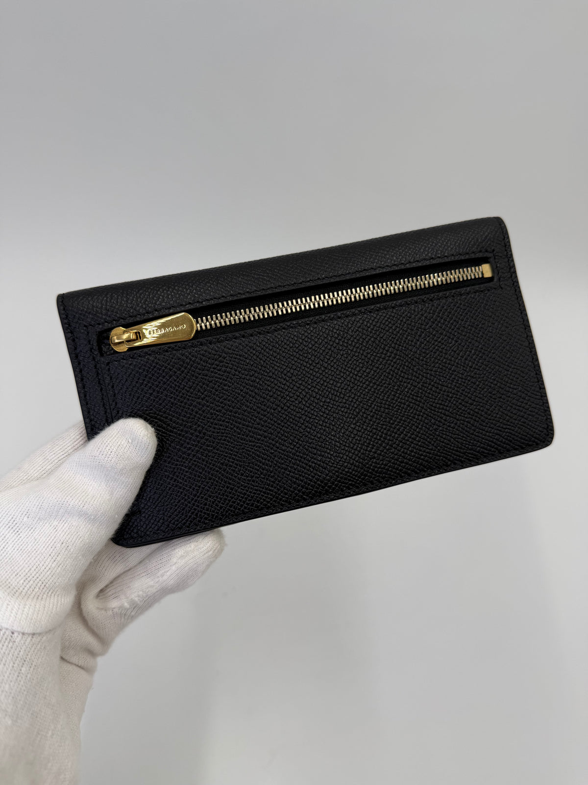 Ferragamo Gancini Long Wallet in Black Textured Leather