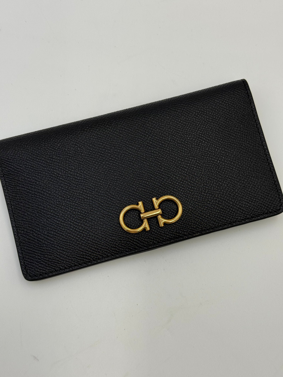 Ferragamo Gancini Long Wallet in Black Textured Leather