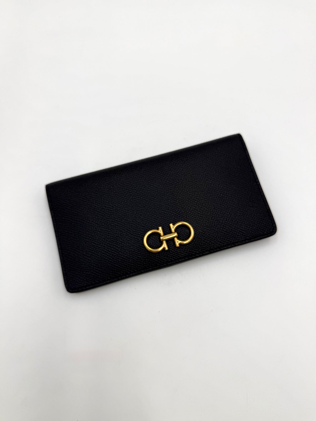 Ferragamo Gancini Long Wallet in Black Textured Leather