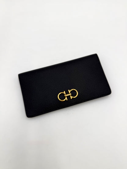 Ferragamo Gancini Long Wallet in Black Textured Leather