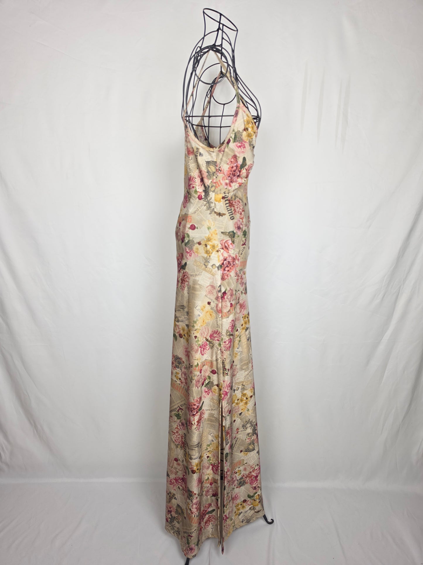 Galliano Abito Lungo Vintage Stampa Gazette con Fiori Rosa - Pally Vintage Closet