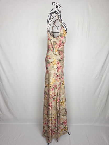 Galliano Abito Lungo Vintage Stampa Gazette con Fiori Rosa - Pally Vintage Closet