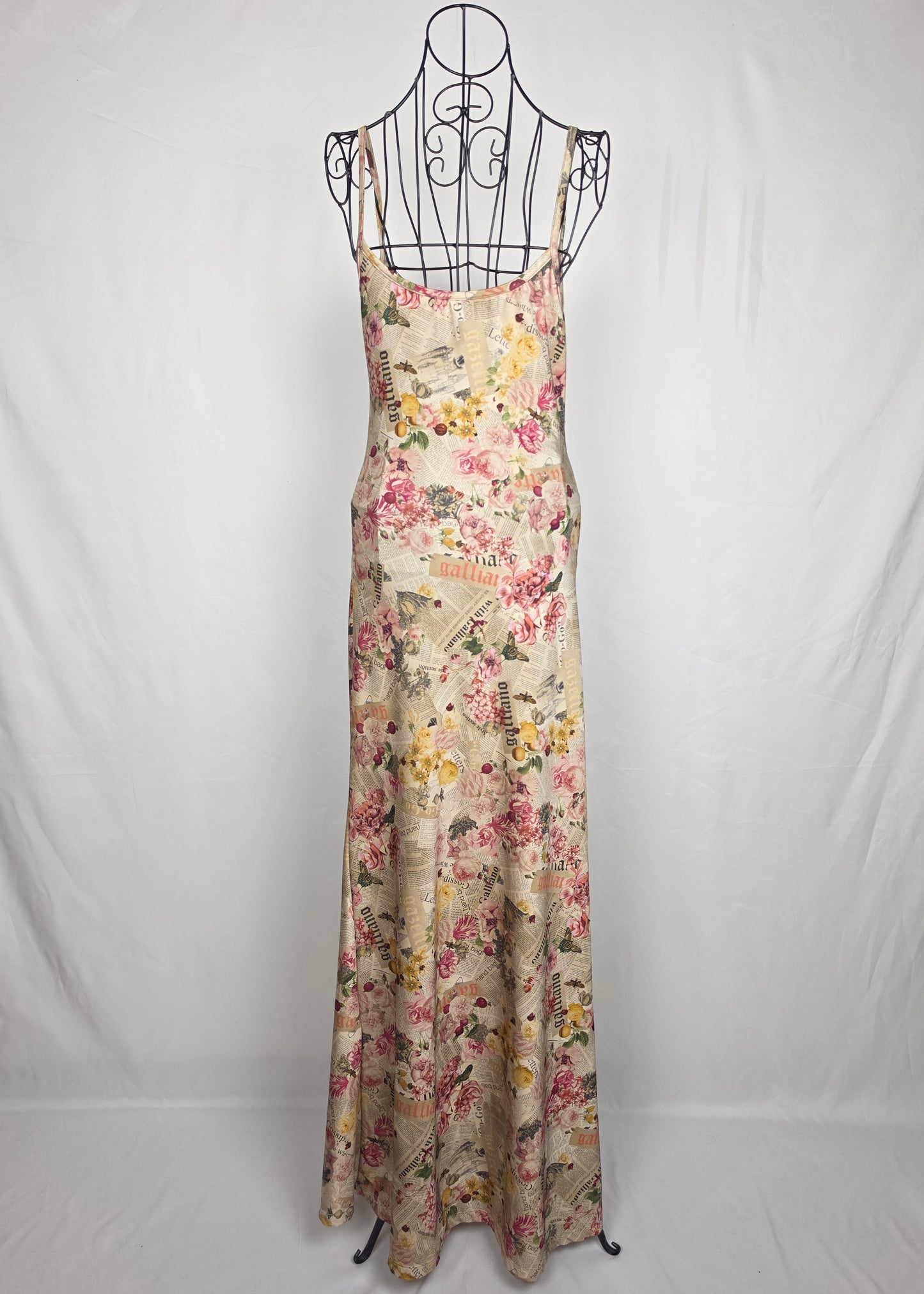 Galliano Abito Lungo Vintage Stampa Gazette con Fiori Rosa - Pally Vintage Closet