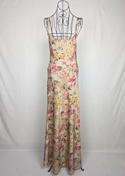 Galliano Abito Lungo Vintage Stampa Gazette con Fiori Rosa - Pally Vintage Closet