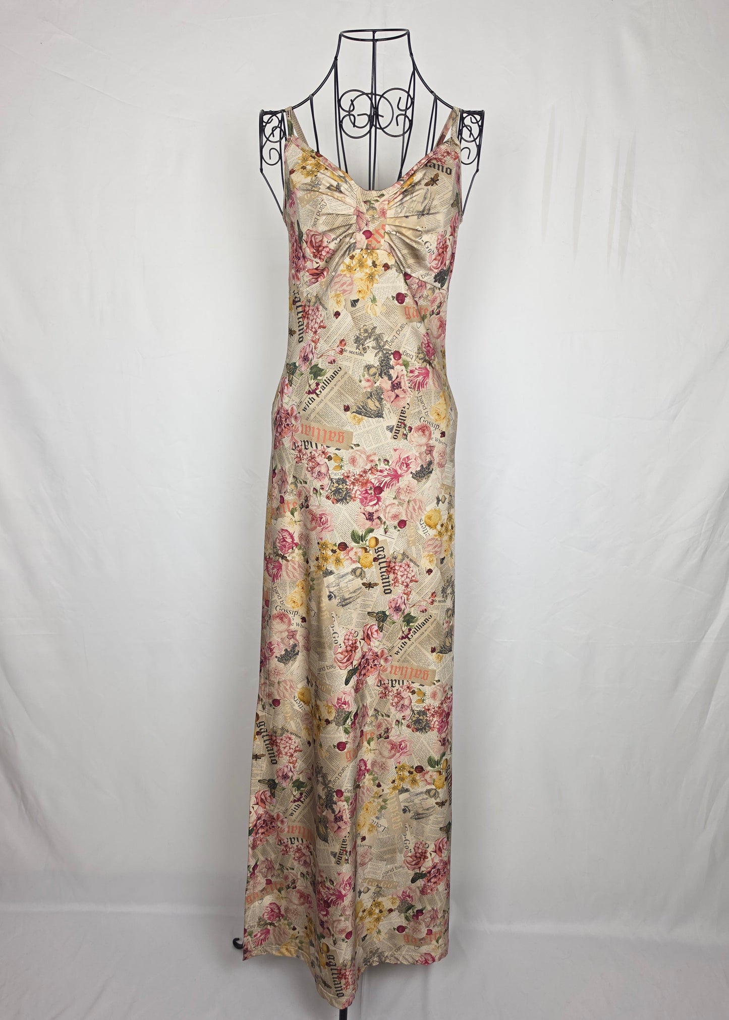 Galliano Abito Lungo Vintage Stampa Gazette con Fiori Rosa - Pally Vintage Closet
