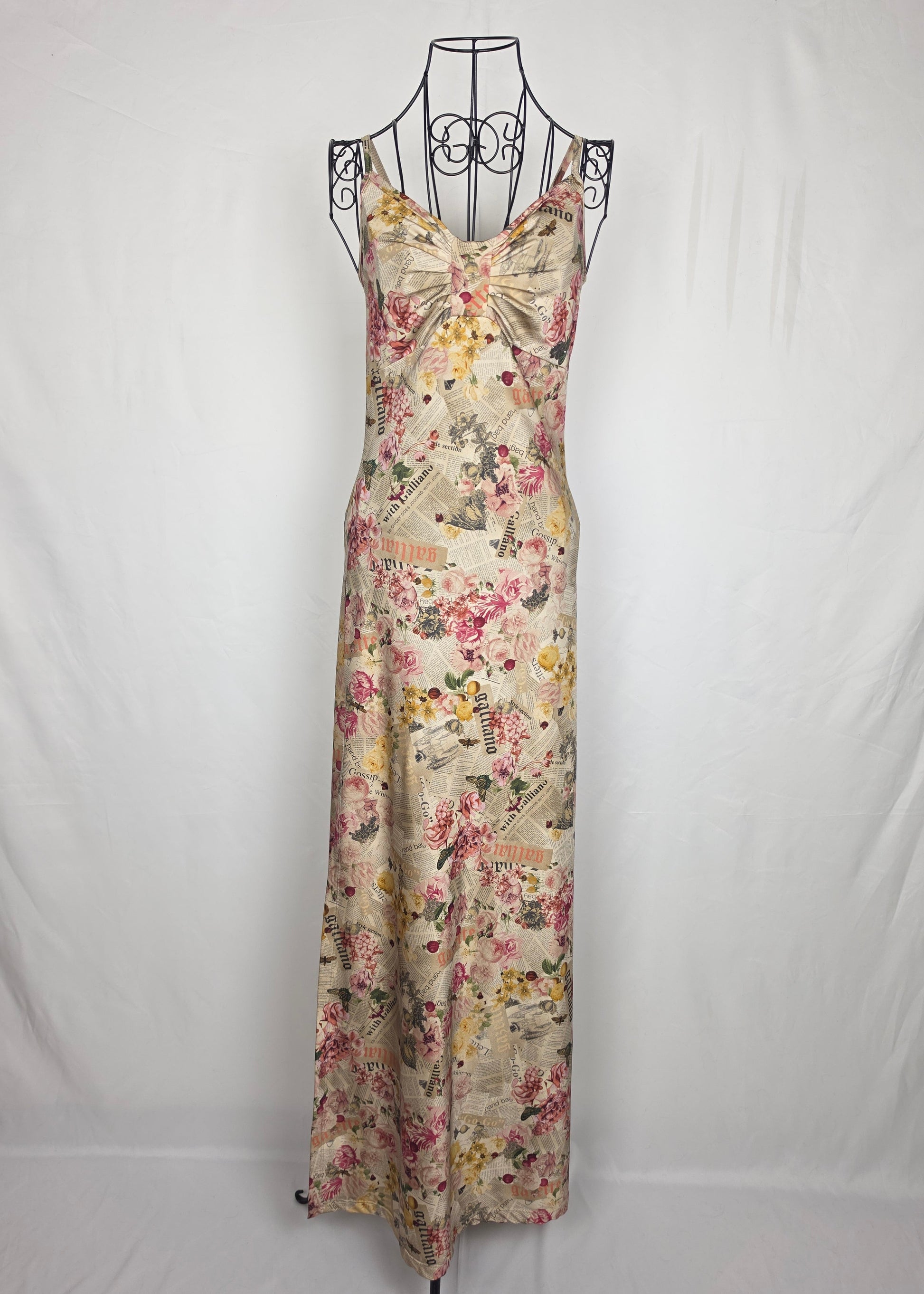 Galliano Abito Lungo Vintage Stampa Gazette con Fiori Rosa - Pally Vintage Closet