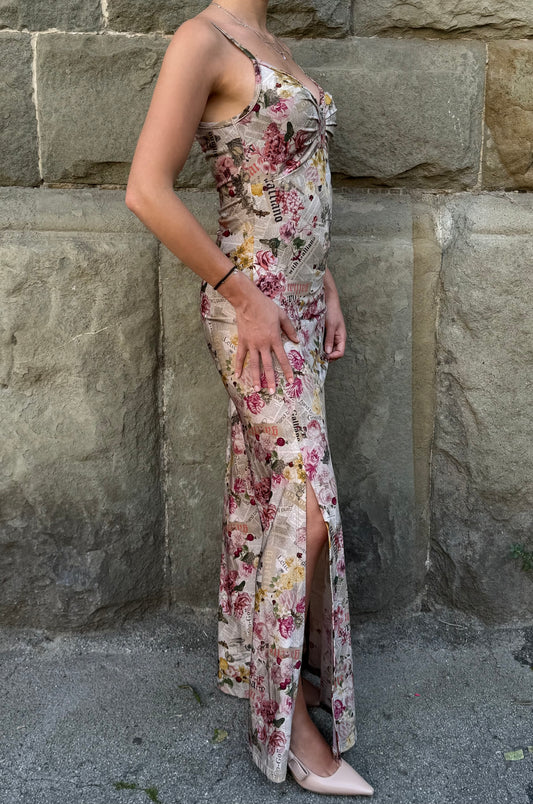 Galliano Abito Lungo Vintage Stampa Gazette con Fiori Rosa - Pally Vintage Closet