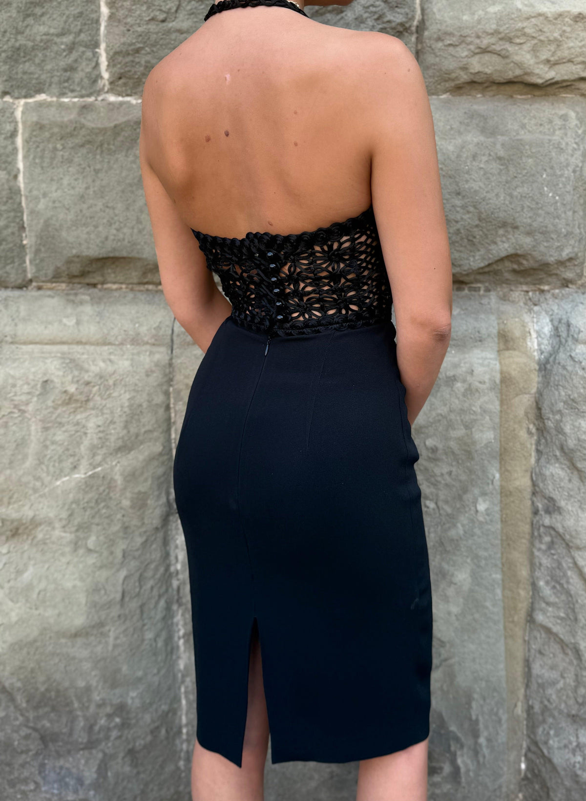 Georges Rech Abito Vintage Bustier Traforato e Gonna a Tubino Nero