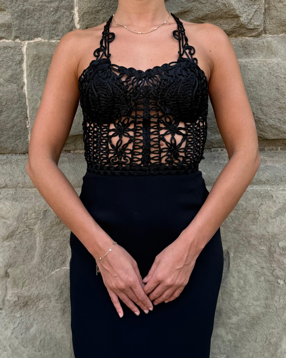 Georges Rech Abito Vintage Bustier Traforato e Gonna a Tubino Nero