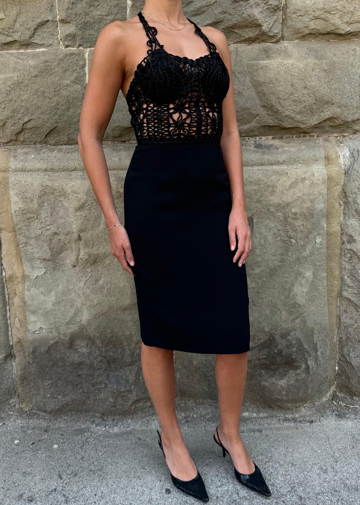 Georges Rech Abito Vintage Bustier Traforato e Gonna a Tubino Nero