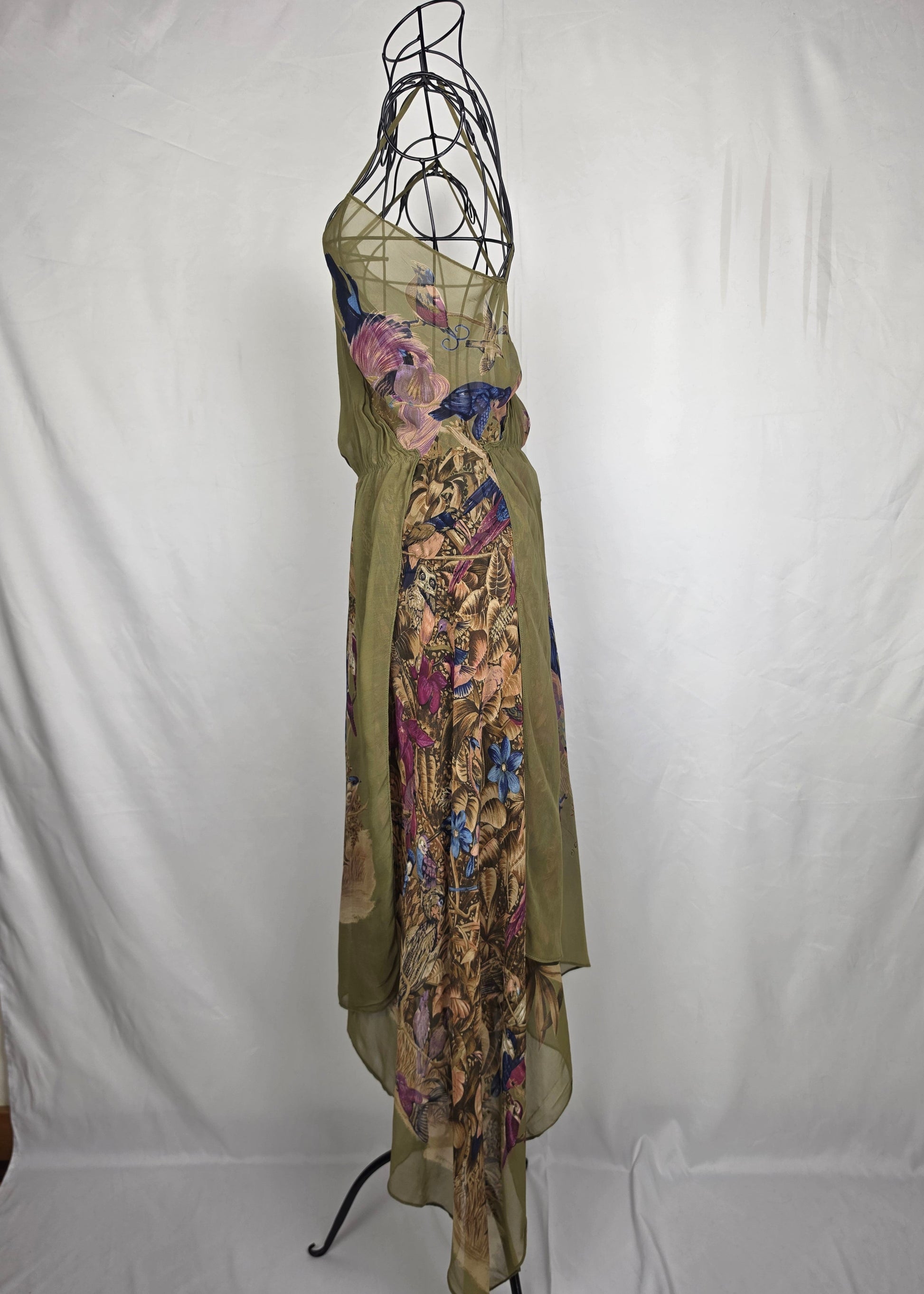 Gianni Versace Abito Vintage Iconica Seta Chiffon Jungle and Birds Verde - Pally Vintage Closet