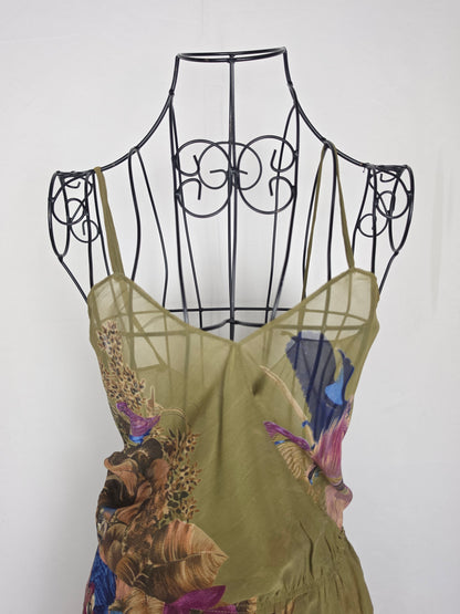 Gianni Versace Abito Vintage Iconica Seta Chiffon Jungle and Birds Verde - Pally Vintage Closet