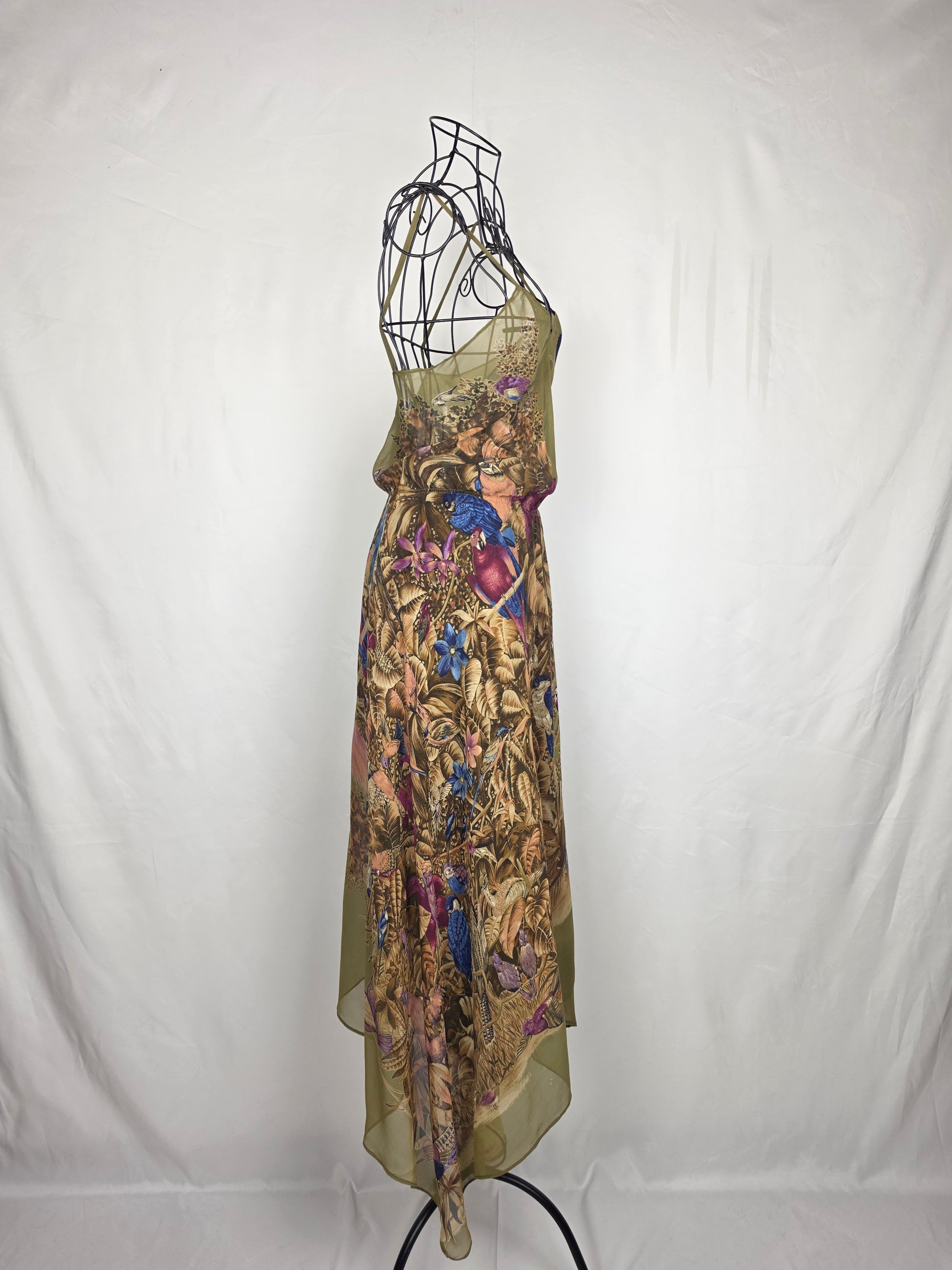 Gianni Versace Abito Vintage Iconica Seta Chiffon Jungle and Birds Verde - Pally Vintage Closet