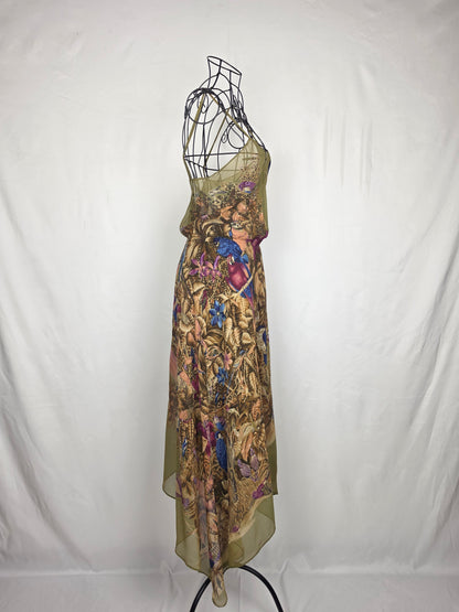 Gianni Versace Abito Vintage Iconica Seta Chiffon Jungle and Birds Verde - Pally Vintage Closet