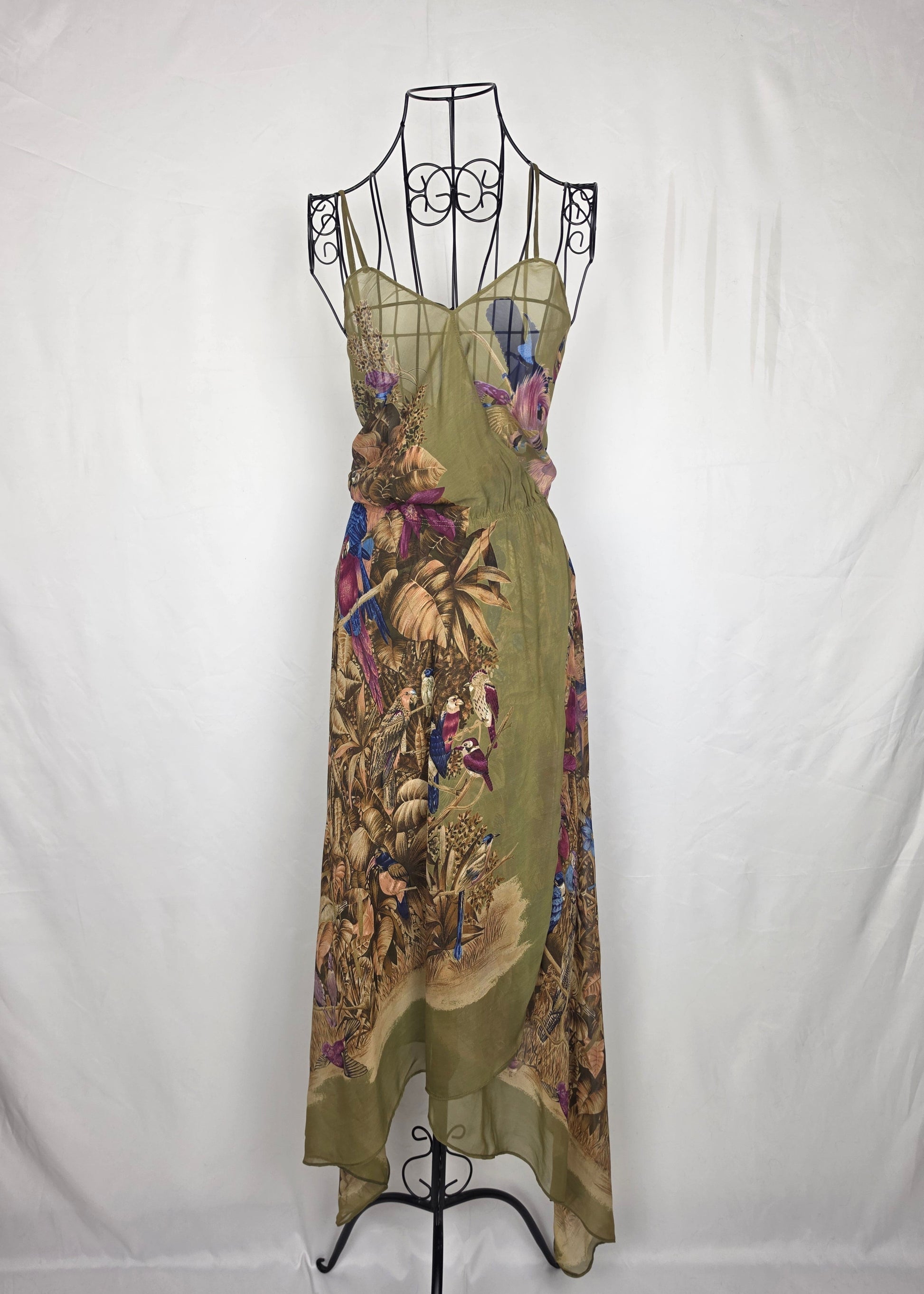 Gianni Versace Abito Vintage Iconica Seta Chiffon Jungle and Birds Verde - Pally Vintage Closet
