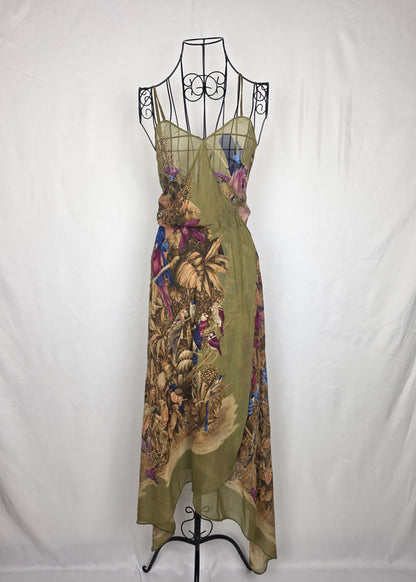 Gianni Versace Abito Vintage Iconica Seta Chiffon Jungle and Birds Verde - Pally Vintage Closet