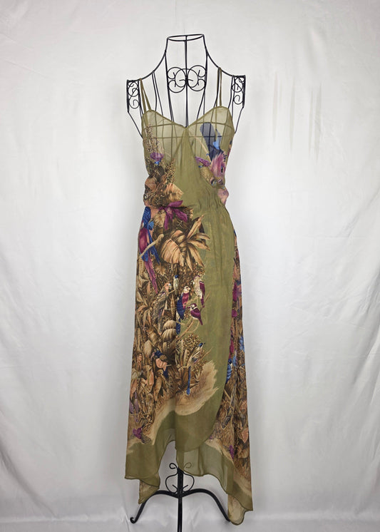 Gianni Versace Abito Vintage Iconica Seta Chiffon Jungle and Birds Verde - Pally Vintage Closet