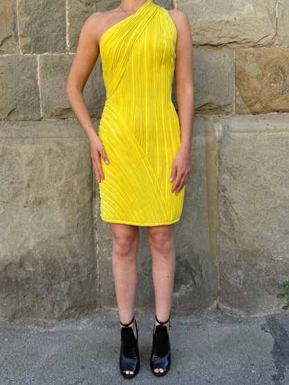 Gianni-Versace-Archive-Mini-Abito-Monospalla-in-Seta-Plissettata-Giallo-Limone-70397265445188 - Pally Vintage Closet
