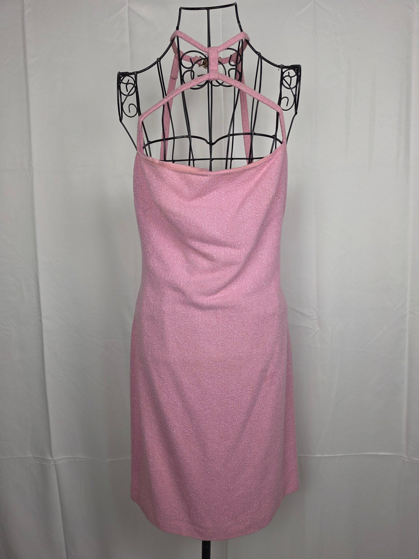 Gianni Versace Completo Vintage Abito e Soprabito in Tweed Bouclé Rosa Shimmer - Pally Vintage Closet