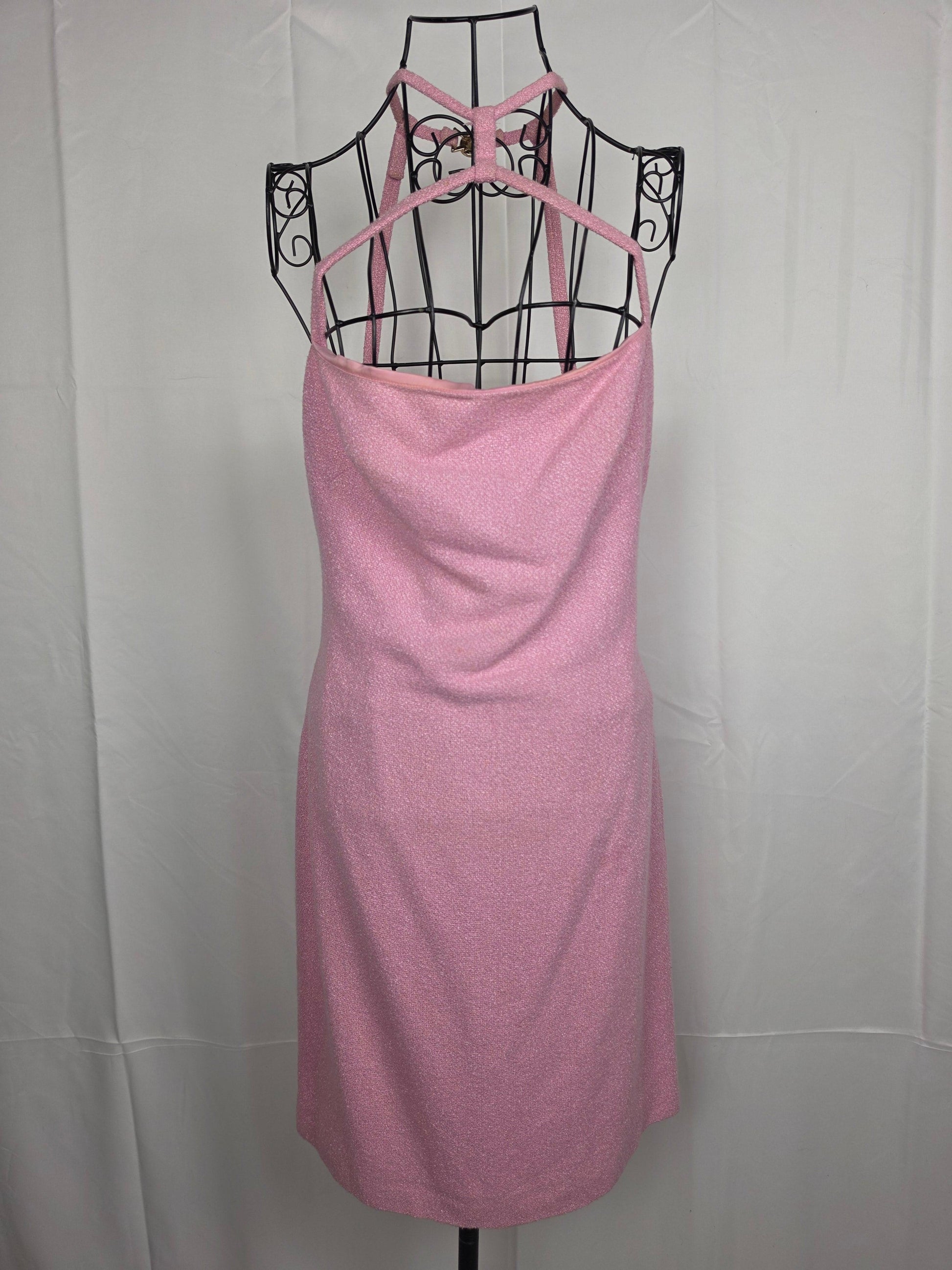 Gianni Versace Completo Vintage Abito e Soprabito in Tweed Bouclé Rosa Shimmer - Pally Vintage Closet