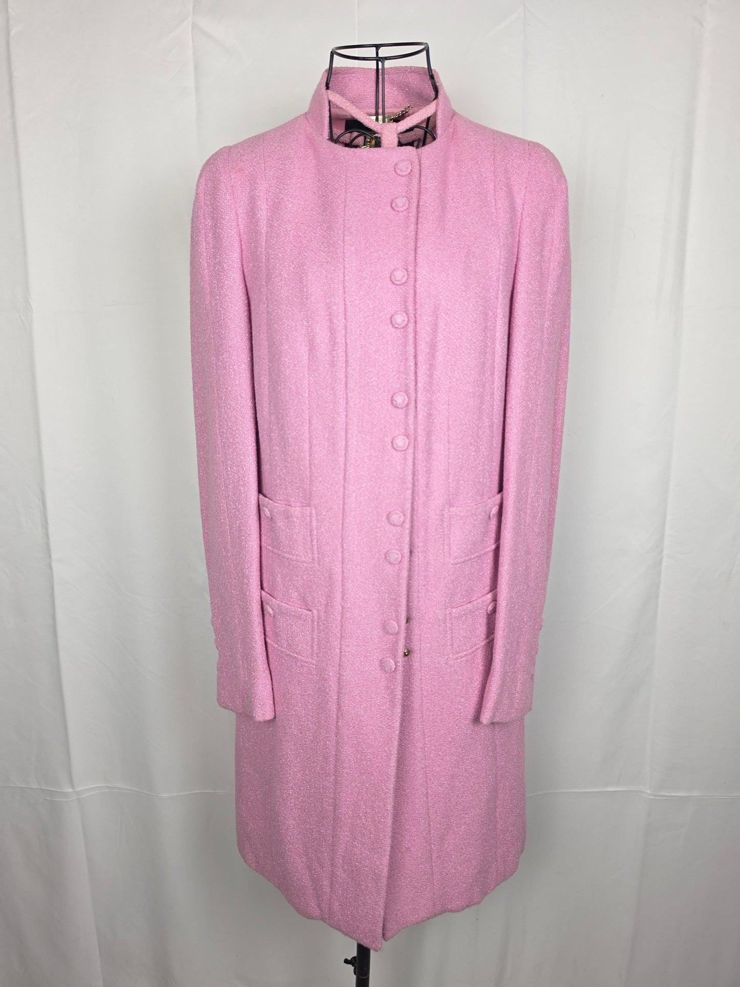 Gianni Versace Completo Vintage Abito e Soprabito in Tweed Bouclé Rosa Shimmer - Pally Vintage Closet