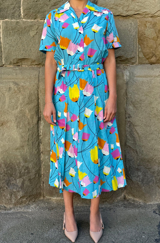 Gucci Abito Midi in Misto Lino Stampa Floreale Tulipani Celeste - Pally Vintage Closet