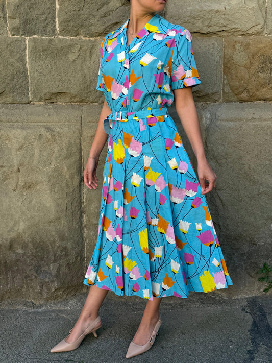 Gucci Abito Midi in Misto Lino Stampa Floreale Tulipani Celeste - Pally Vintage Closet