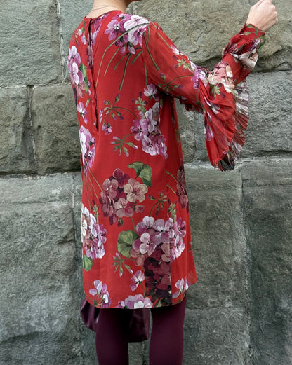 Gucci Abito in Seta con Stampa Floreale e Dettagli Plissé Rosso - Pally Vintage Closet