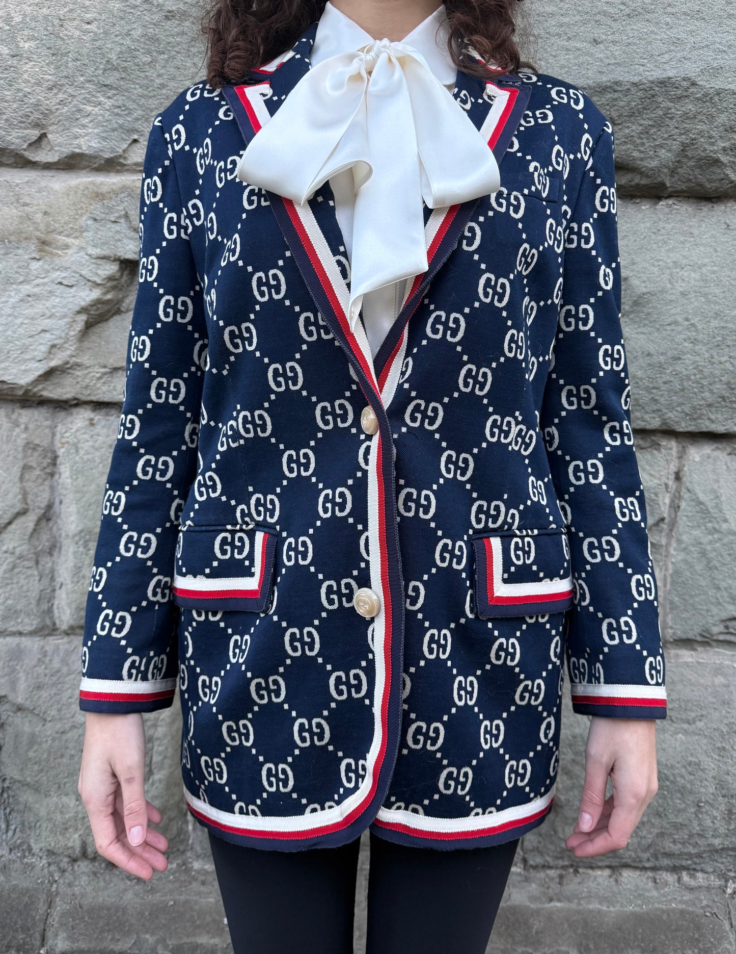 Gucci Blazer GG Monogram con Finiture Web Blu Navy - Pally Vintage Closet