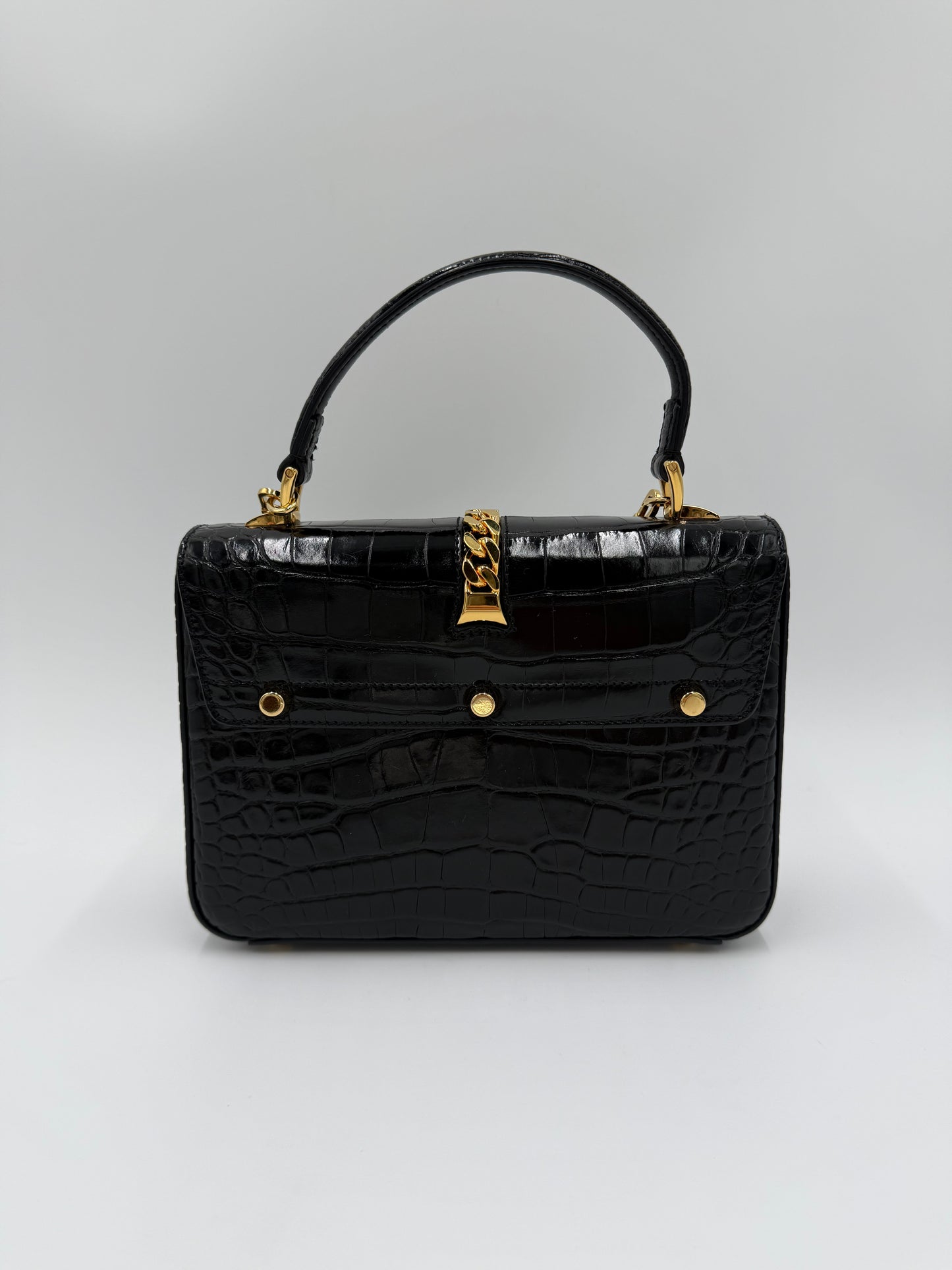 Gucci Borsa Sylvie 1969 Top Handle in Coccodrillo Lucido Nera - Pally Vintage Closet