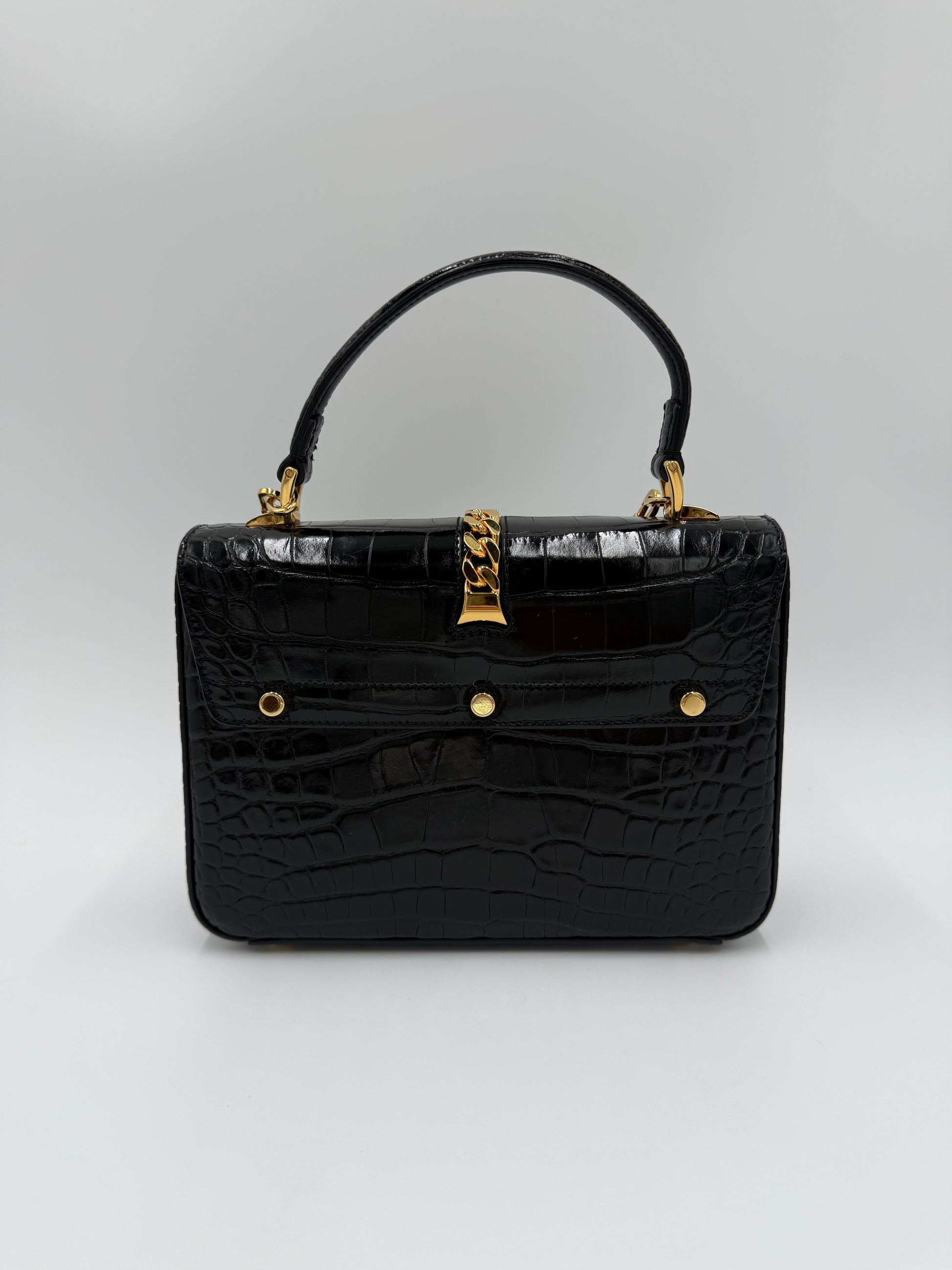 Gucci Borsa Sylvie 1969 Top Handle in Coccodrillo Lucido Nera - Pally Vintage Closet