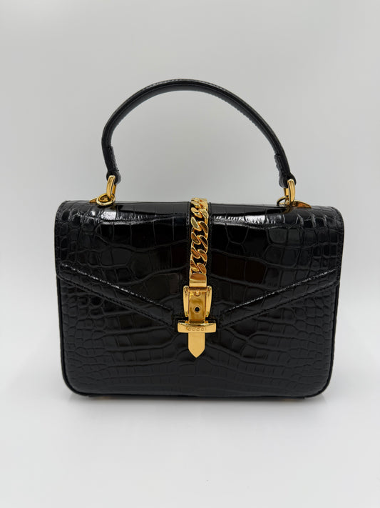 Gucci Borsa Sylvie 1969 Top Handle in Coccodrillo Lucido Nera - Pally Vintage Closet