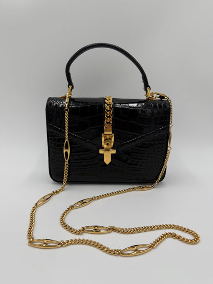 Gucci Borsa Sylvie 1969 Top Handle in Coccodrillo Lucido Nera - Pally Vintage Closet