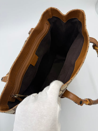 Gucci Borsa Tote Bamboo in Tela GG Canvas e Pelle Beige