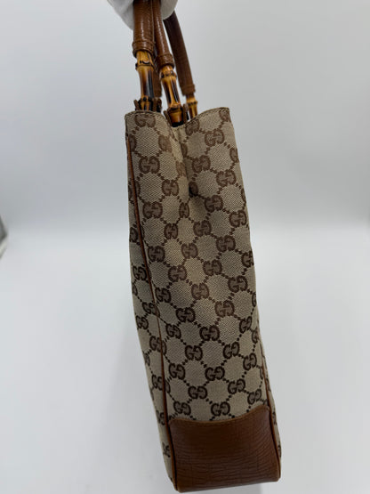 Gucci Borsa Tote Bamboo in Tela GG Canvas e Pelle Beige