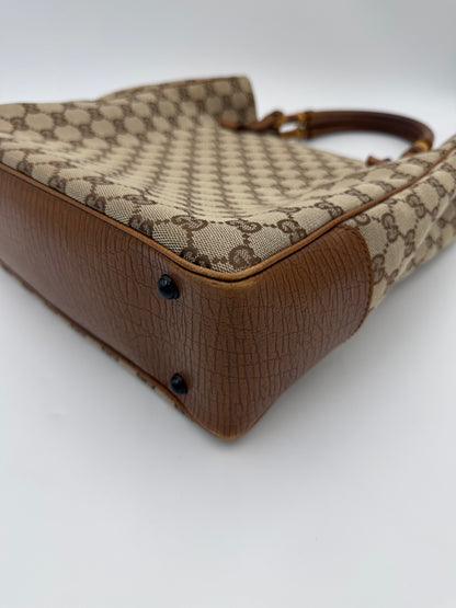 Gucci Borsa Tote Bamboo in Tela GG Canvas e Pelle Beige