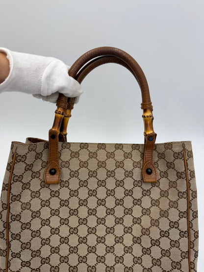 Gucci Borsa Tote Bamboo in Tela GG Canvas e Pelle Beige