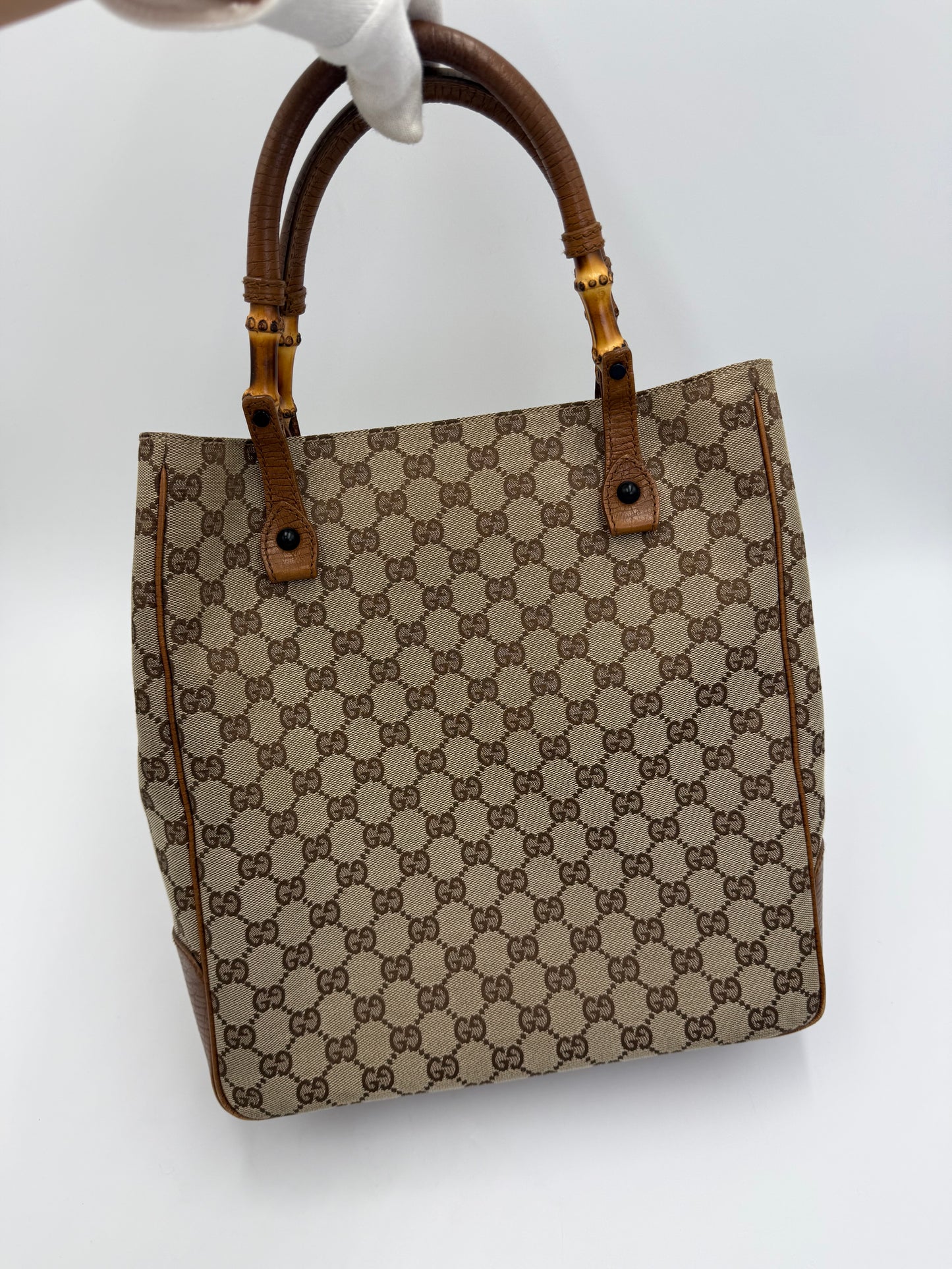 Gucci Borsa Tote Bamboo in Tela GG Canvas e Pelle Beige