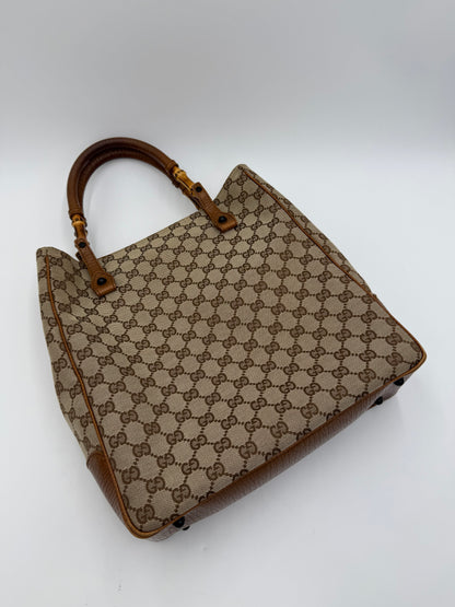 Gucci Borsa Tote Bamboo in Tela GG Canvas e Pelle Beige