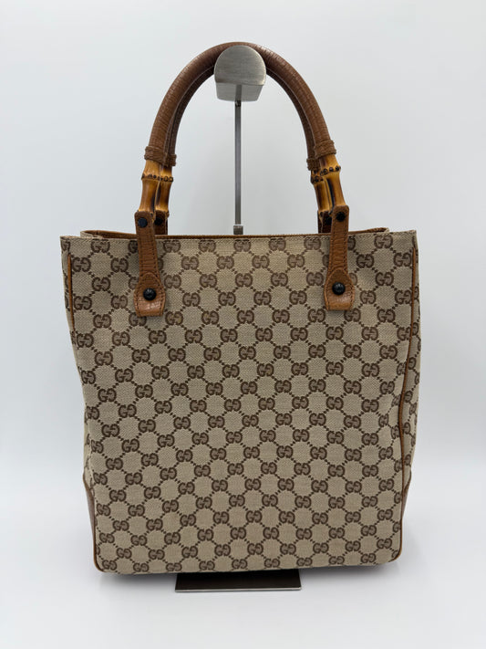 Gucci Borsa Tote Bamboo in Tela GG Canvas e Pelle Beige