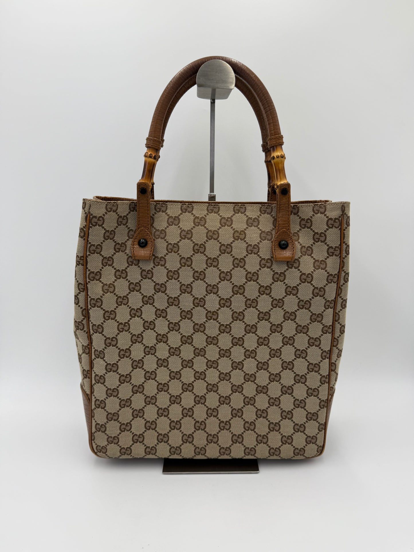 Gucci Borsa Tote Bamboo in Tela GG Canvas e Pelle Beige